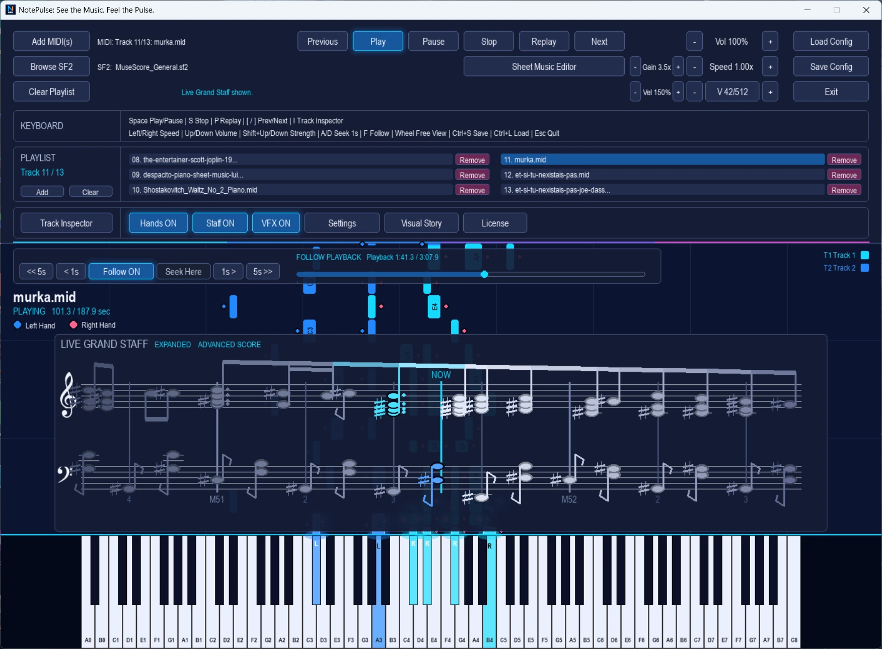 NotePulse Desktop Live Grand Staff synchronized to MIDI playback with treble and bass clefs