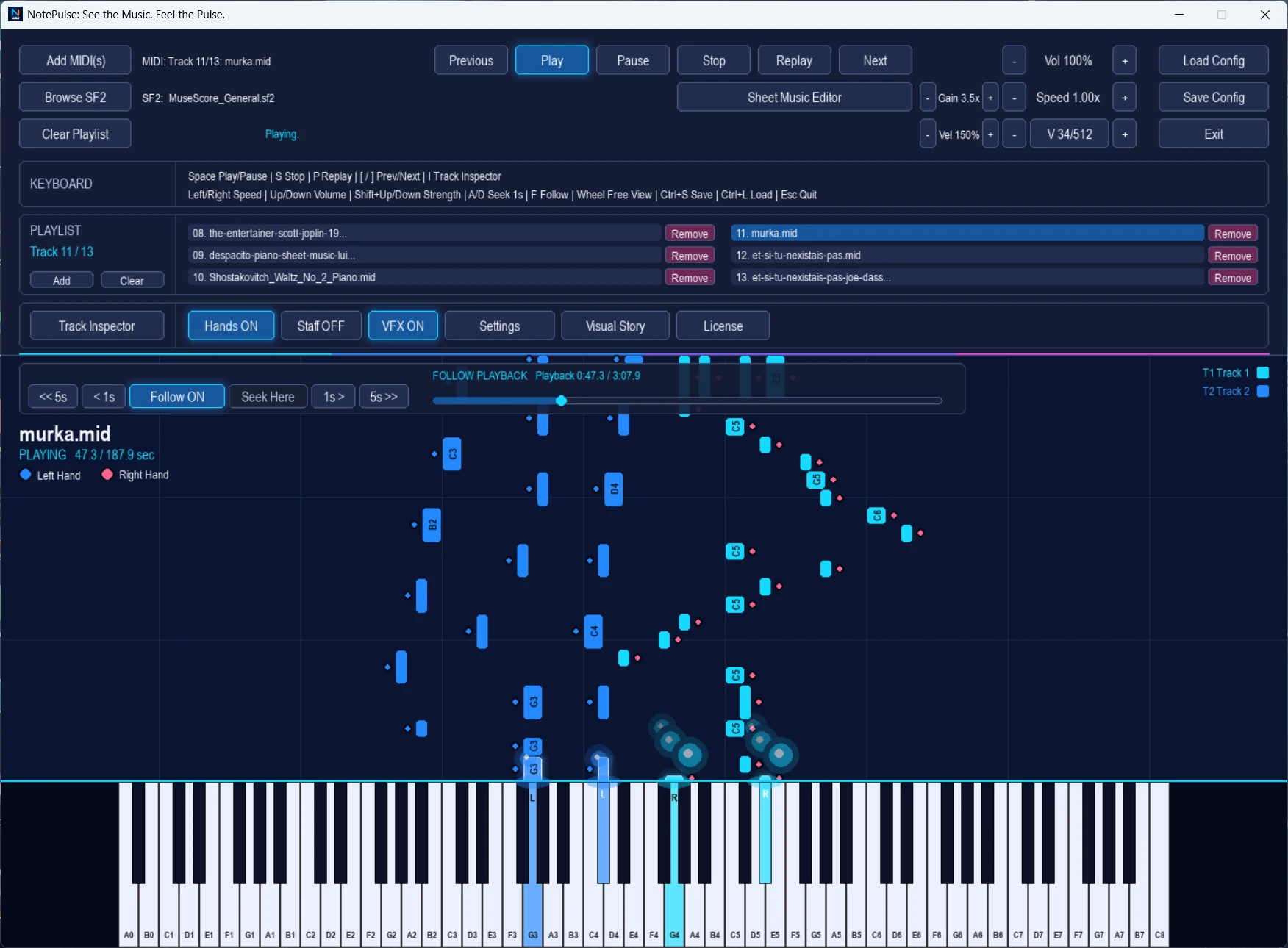Real NotePulse Desktop performance with falling MIDI notes and animated 88-key piano keyboard