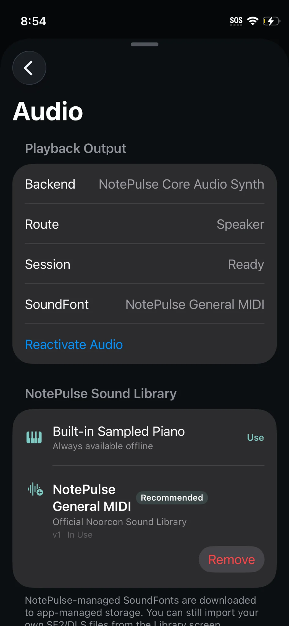 Actual NotePulse iPhone screenshot: Explore audio output and manage the available NotePulse sound libraries.