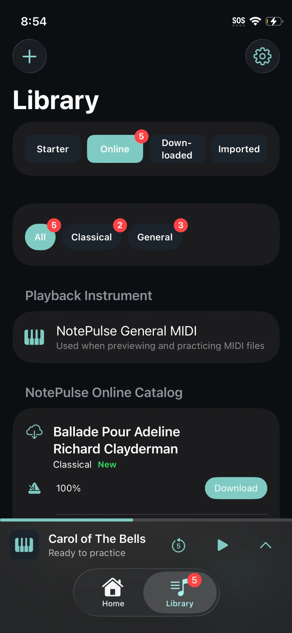 Actual NotePulse iPhone screenshot: Browse the online MIDI catalog and download music to your library.