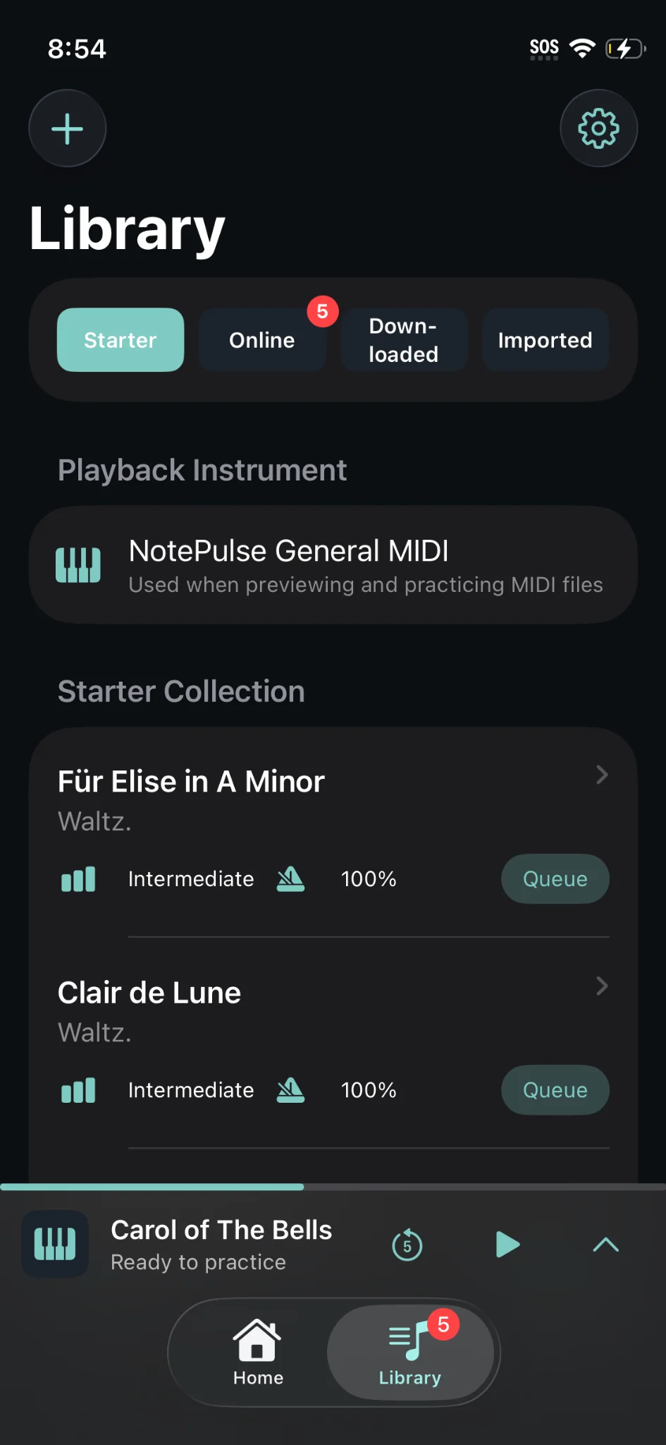 Actual NotePulse iPhone screenshot: Browse included MIDI pieces and queue your next practice session.