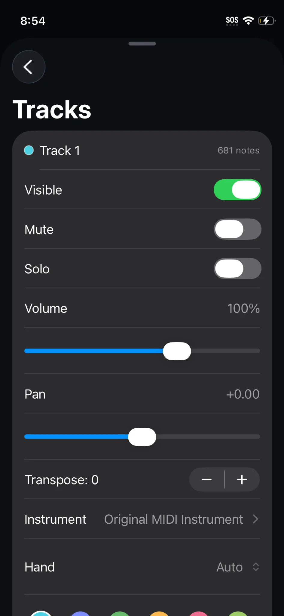 Actual NotePulse iPhone screenshot: Adjust visibility, mute, solo, volume, pan, transposition, and instrument.