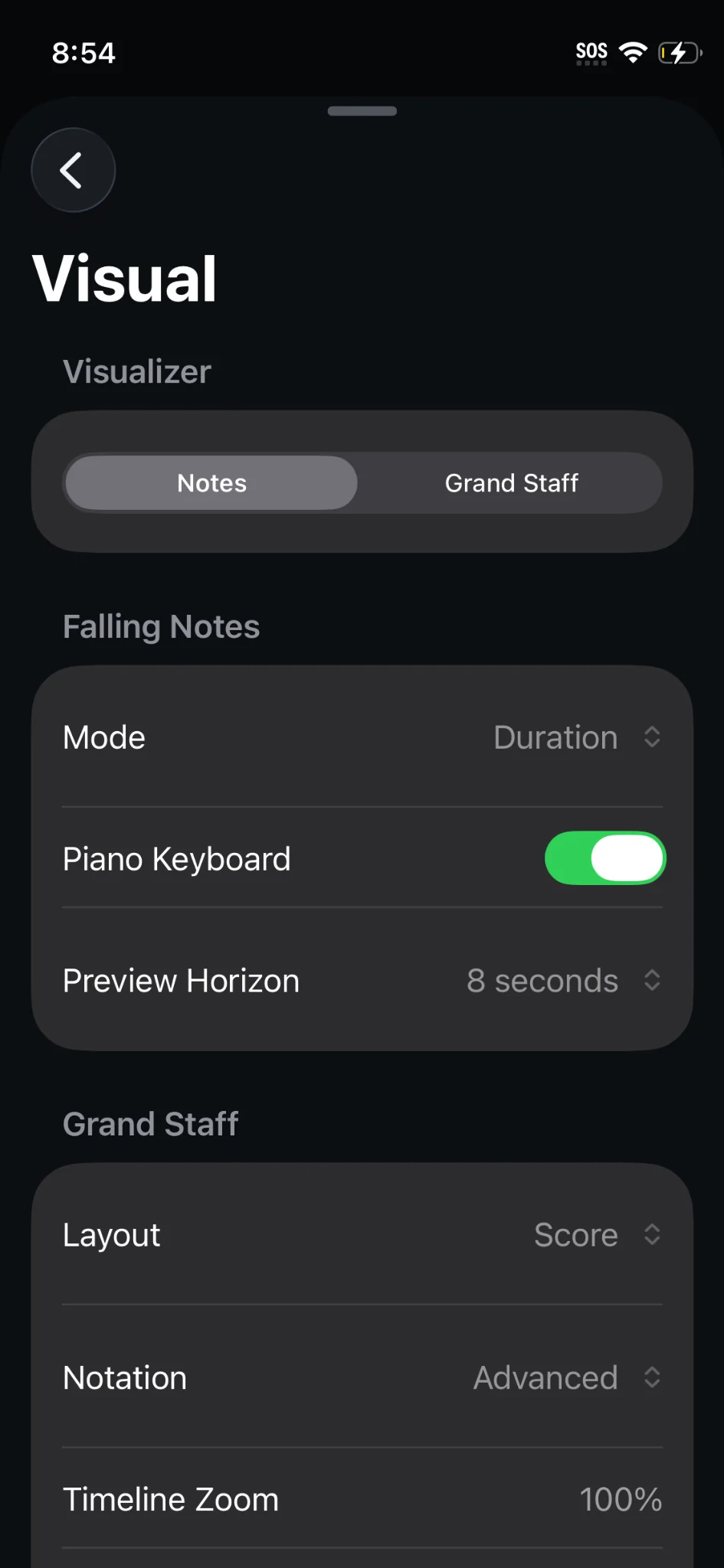 Actual NotePulse iPhone screenshot: Switch visualization modes and configure the on-screen piano, preview horizon, and notation.