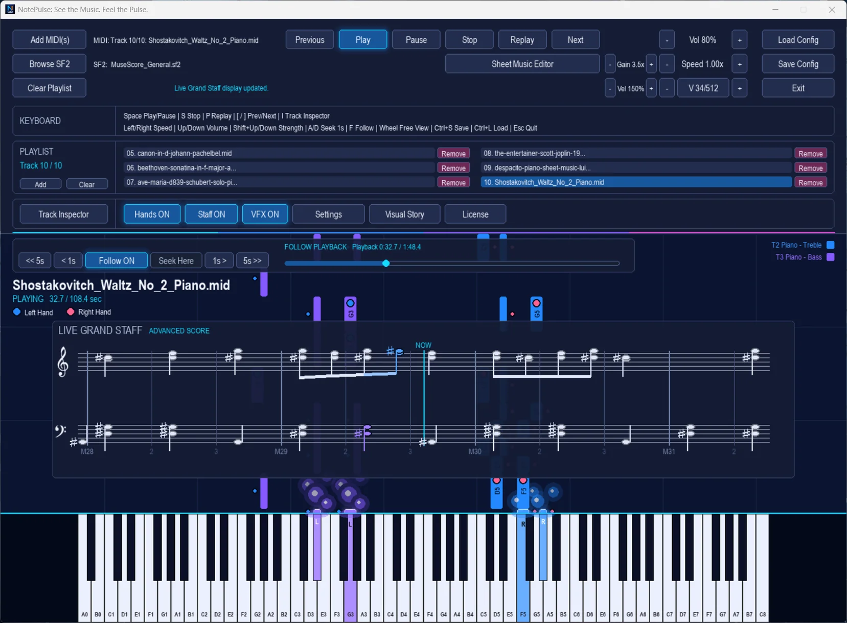 Actual NotePulse falling notes with live grand staff music notation overlay