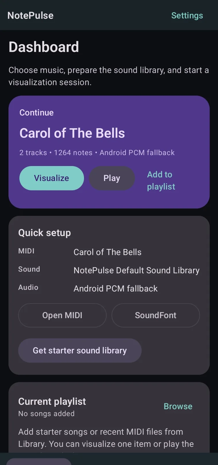 NotePulse Android application screen: Return to a recent piece or open a new MIDI visualization session.