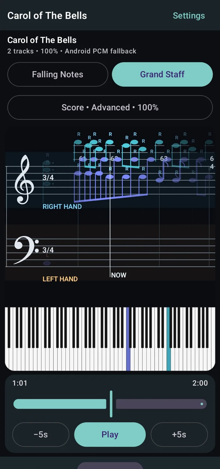Real NotePulse Android Grand Staff view with musical notation and piano keyboard