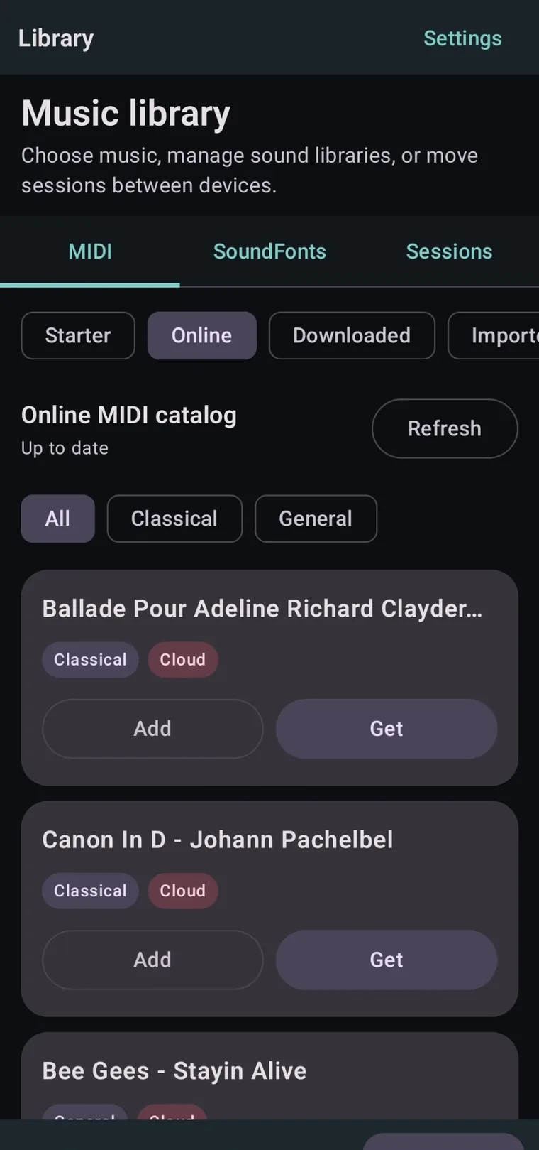 NotePulse Android application screen: Browse the online MIDI catalog and bring tracks into your library.