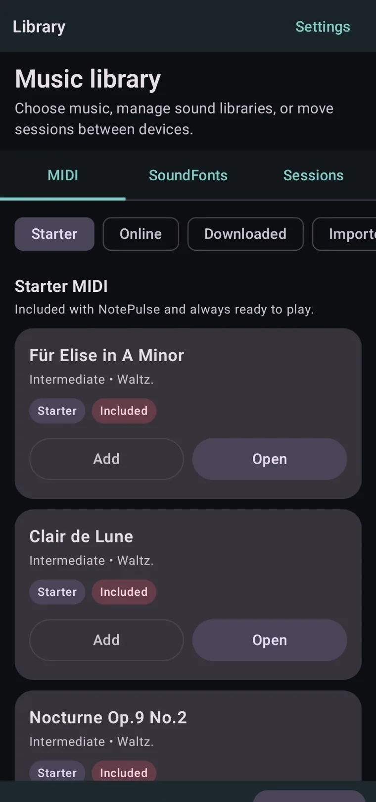 NotePulse Android application screen: Start with ready-to-play MIDI pieces and build your own playlist.