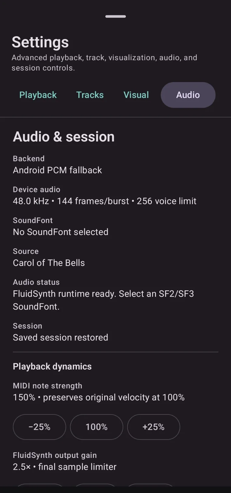 NotePulse Android application screen: See audio status and available playback dynamics controls.