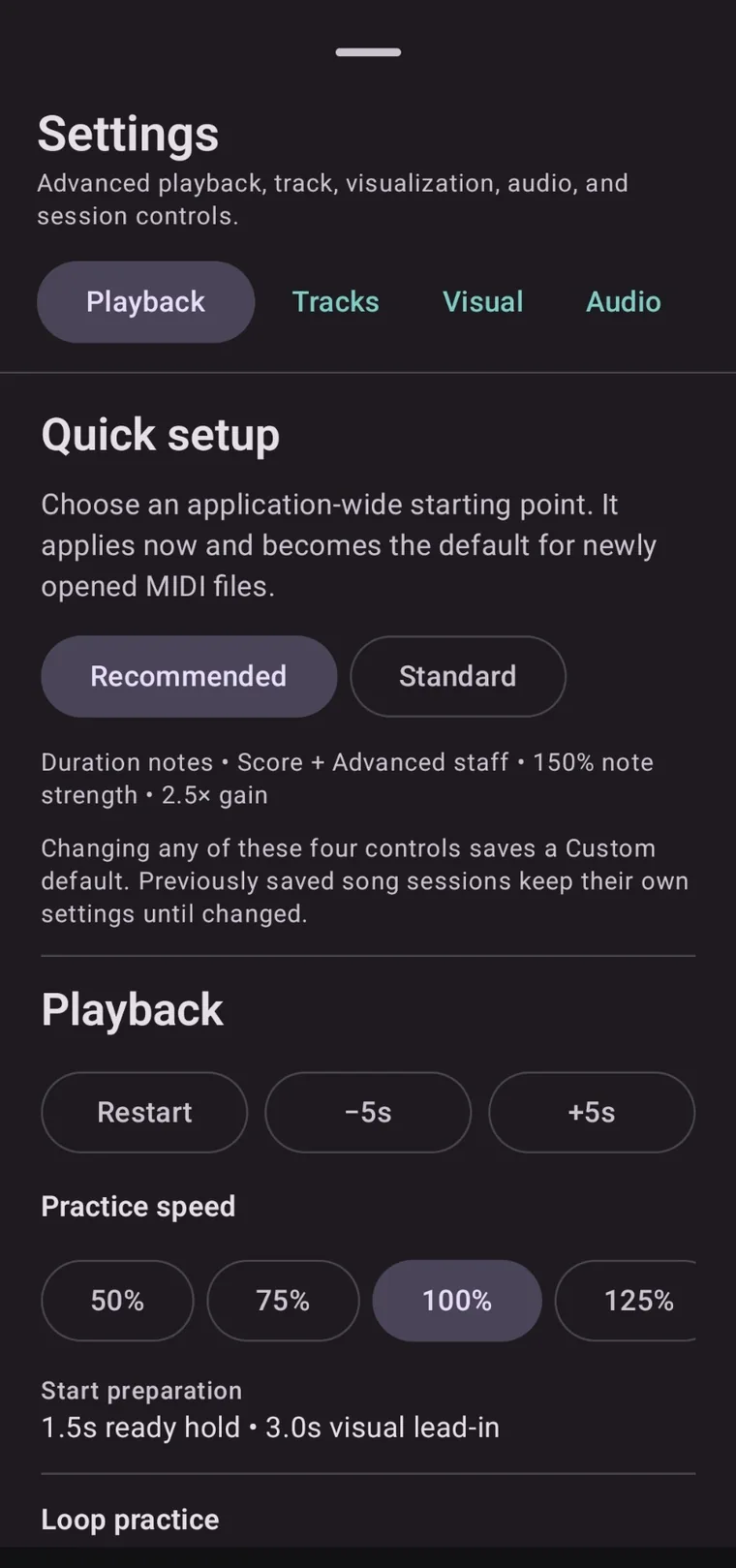 NotePulse Android application screen: Adjust practice speed and playback behavior to focus on difficult passages.