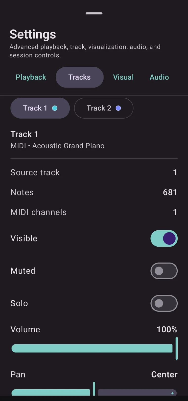 NotePulse Android application screen: Inspect tracks and adjust visibility, mute, solo, and volume.