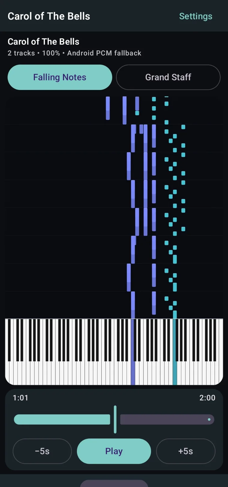 NotePulse Android application screen: Animated notes show timing and pitch as the music plays.