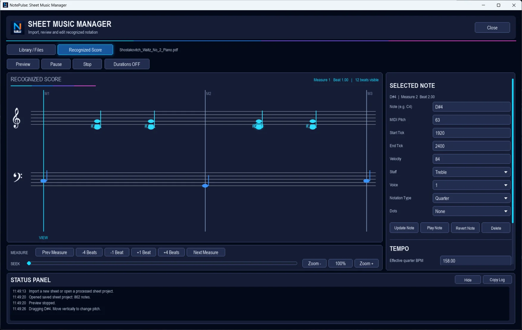 Actual NotePulse Sheet Music Manager editing selected recognized score note parameters
