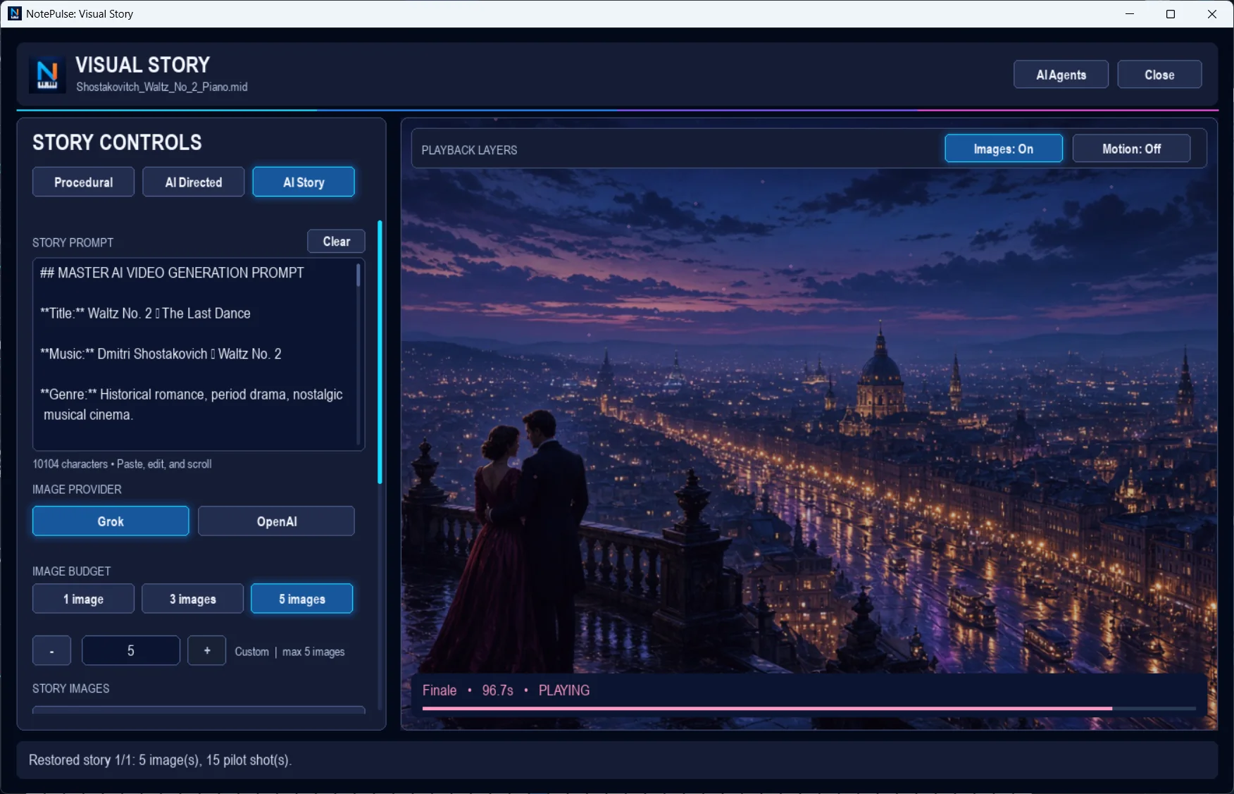 Actual NotePulse Visual Story screen showing an AI-generated romantic cityscape scene alongside story controls