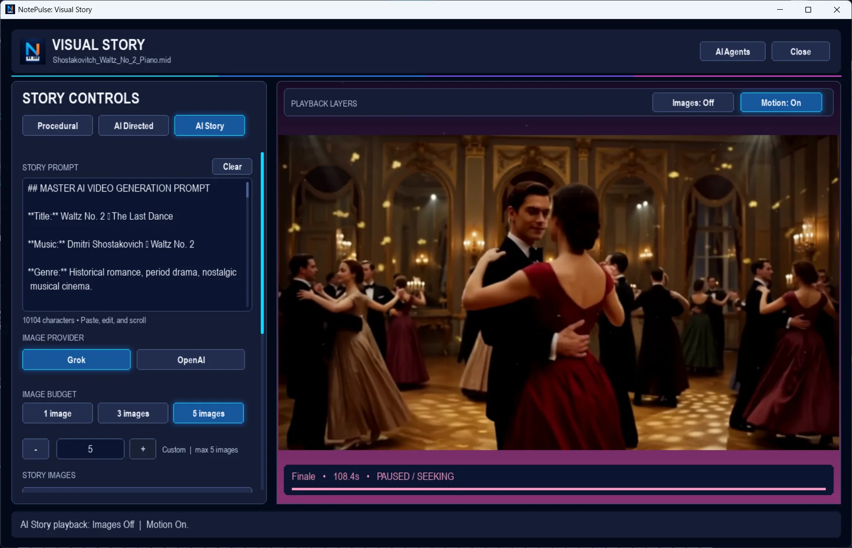 Actual NotePulse Visual Story screen with optional motion playback over ballroom dance imagery