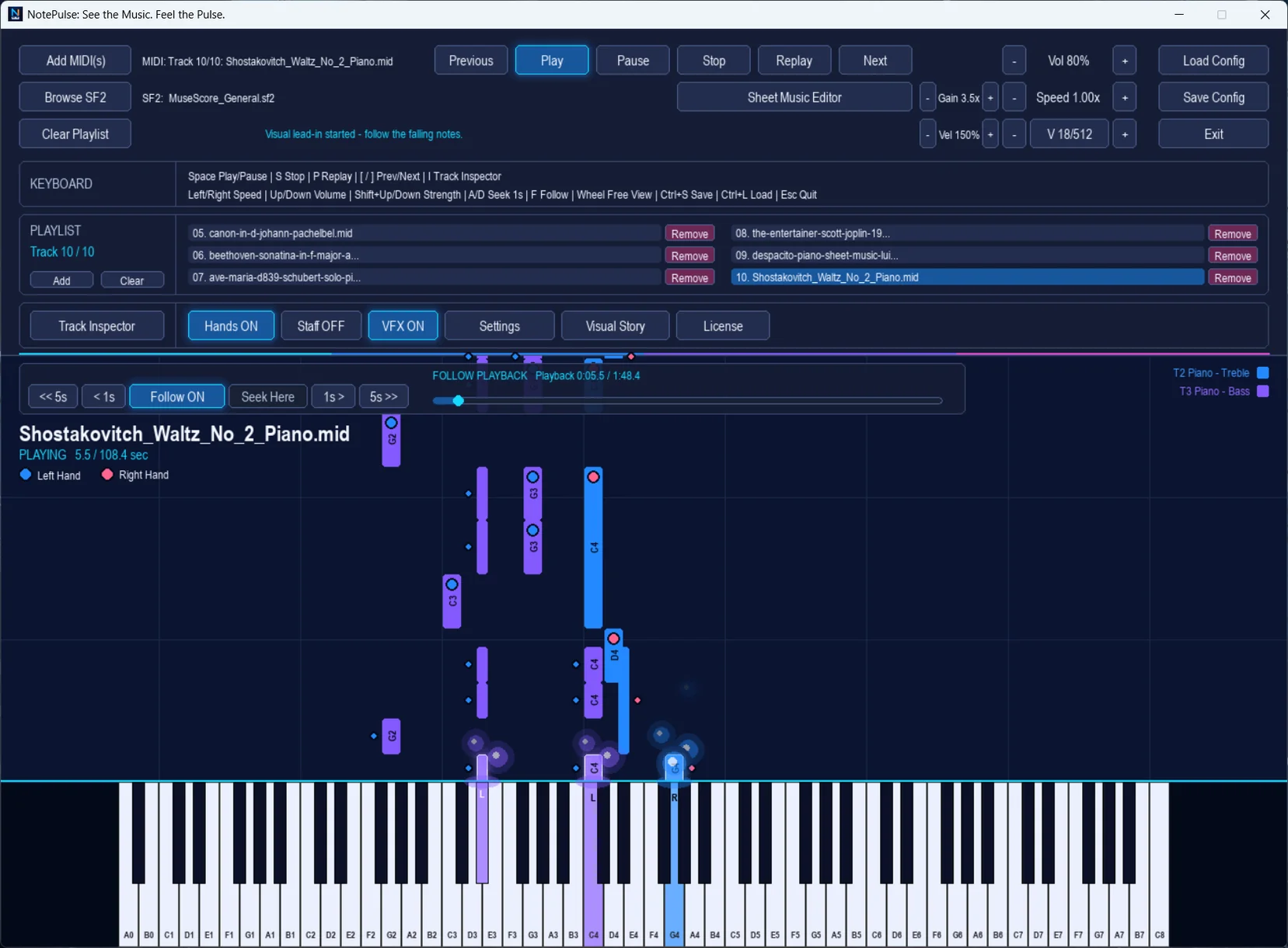 Actual NotePulse desktop GUI showing colorful falling MIDI notes above an illuminated piano keyboard
